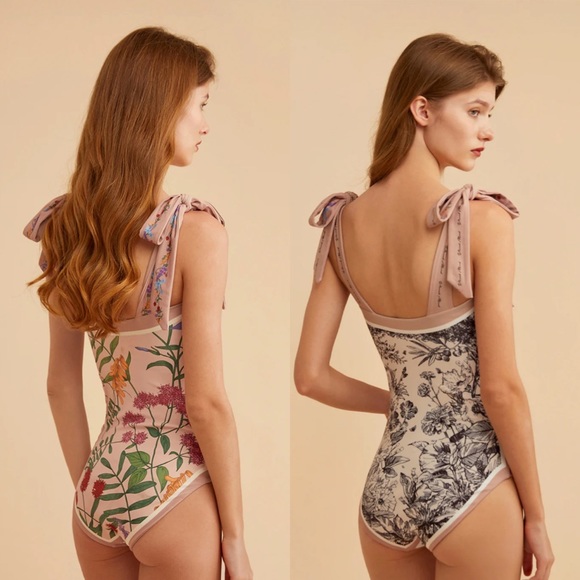 Retro Pink and White Floral Reversible Swimsuit with Shoulder Ties - Picture 2 of 16